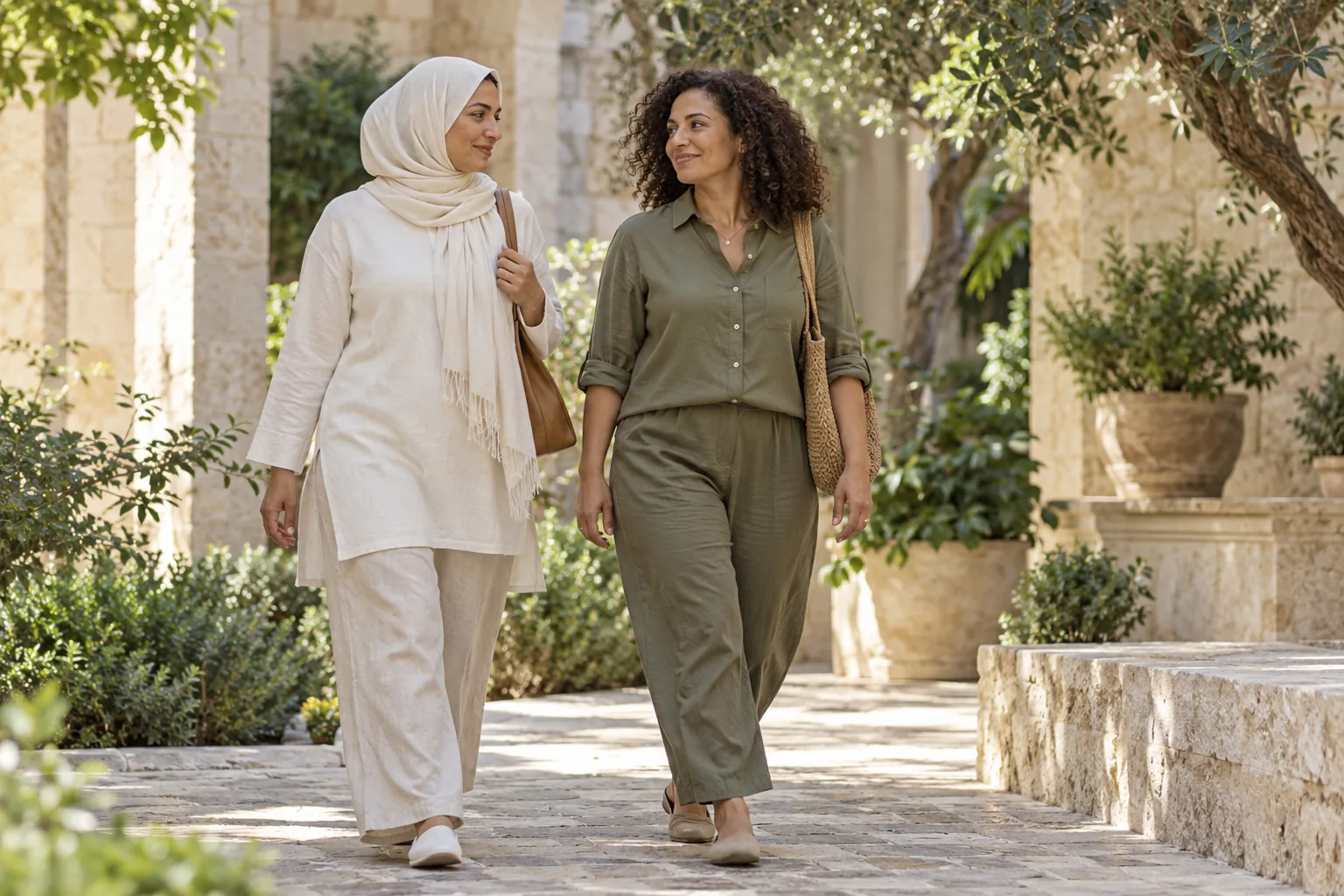 مشهد توضيحي لسيدتين تمشيان بهدوء في ممر مظلل