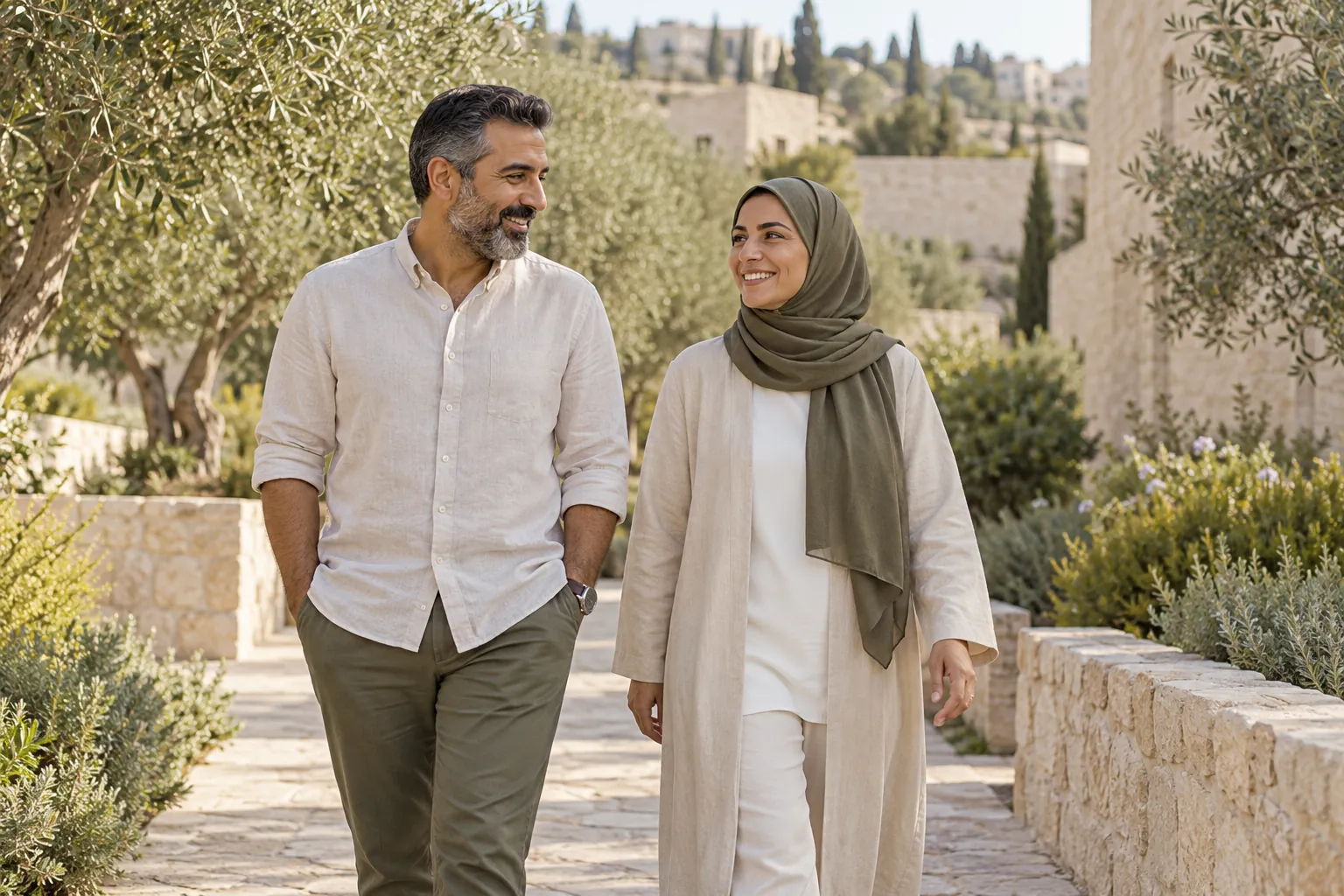 شخصان بالغان يمشيان بهدوء في حديقة؛ مشهد مولد بالذكاء الاصطناعي وليس لمريض حقيقي